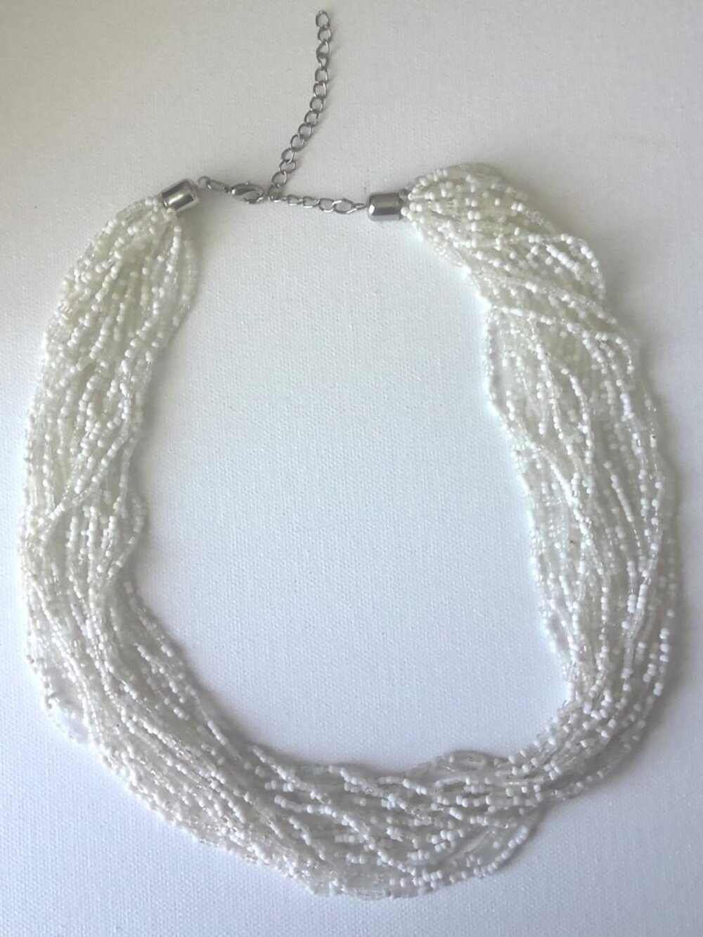 White Multi Strand Seed Bead Necklace Silver Tone Lobster Clasp Boho Coastal 20"